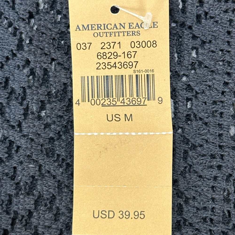 American Eagle Navy Open Knit Lace Split Back Button Closure M Short Sleeve - Picture 9 of 13